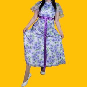 Vintage 60s 70s Purple Floral Chiffon Maxi Dress with Capelet